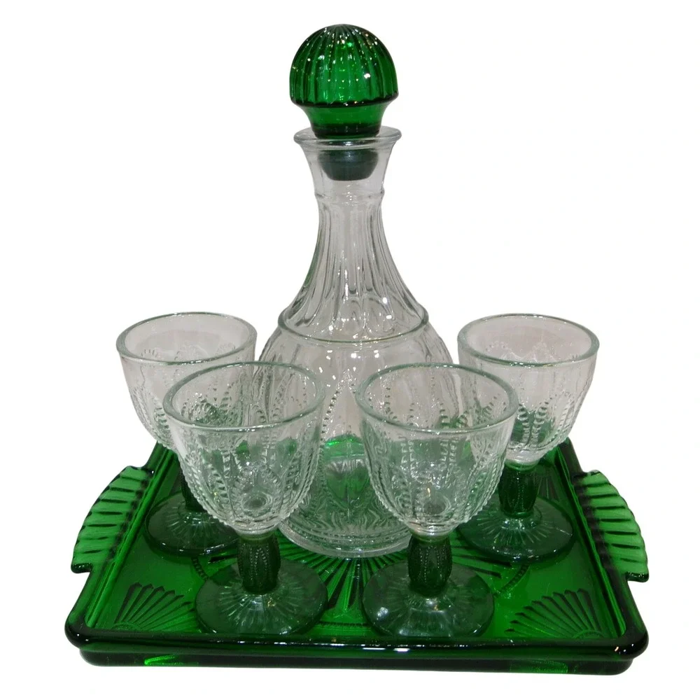 Vintage Avon Emerald Green Glass Decanter Cordial Set with Tray